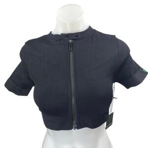 NEW SET Active Black Rib Sculpt Knit Short Sleeve Zip Up Crop Moto Sweater Top S